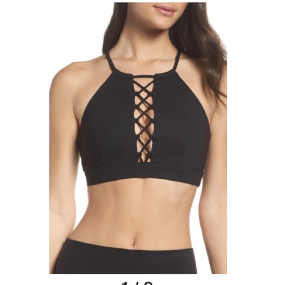 ALO Yoga Black Lace-Up High Neck Sports Bra